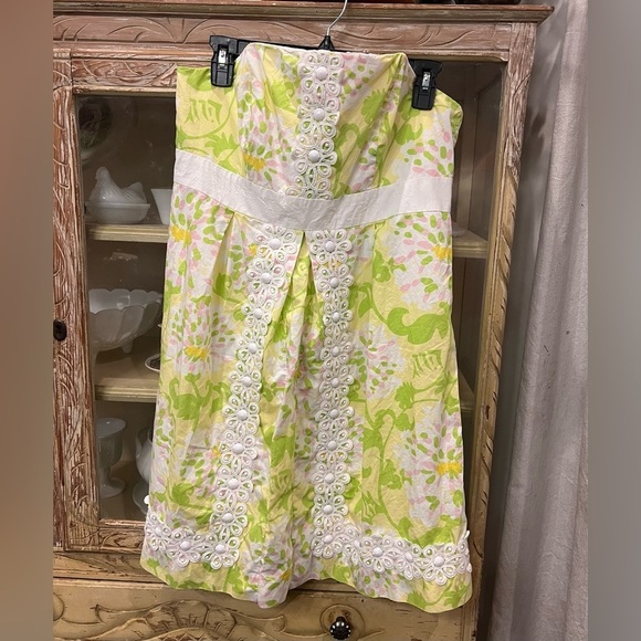 Lilly Pulitzer Womens Jubilee Strapless Dress Green Pink Beaded Floral Size 10 - Picture 8 of 9